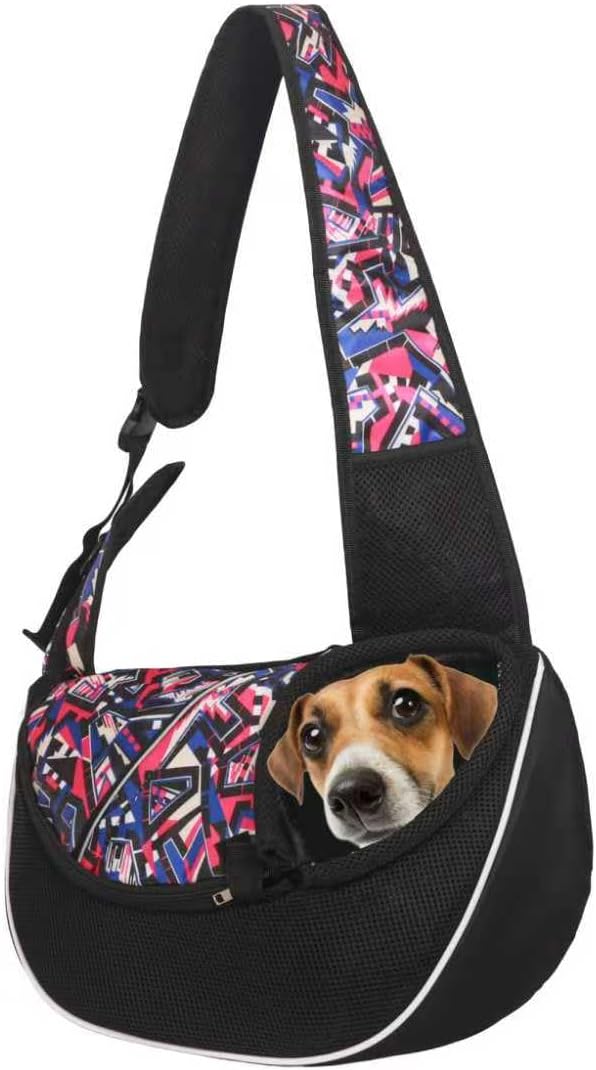 Pet Sling Carrier for Small Dogs & Cats, Mesh Travel Shoulder Bag, 10 lb Capacity, Adjustable Strap, Black with Geometric Pattern (Red camo, Small)