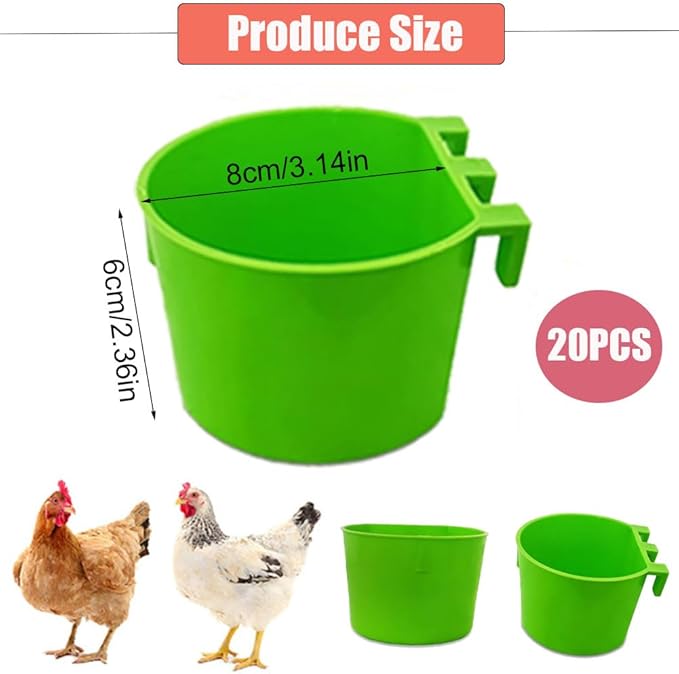 Hanging Chicken Feeder, 20pcs Chicken Water Cups, Plastic Cage Cups for Chickens Pigeon Rabbit Poultry (Green)