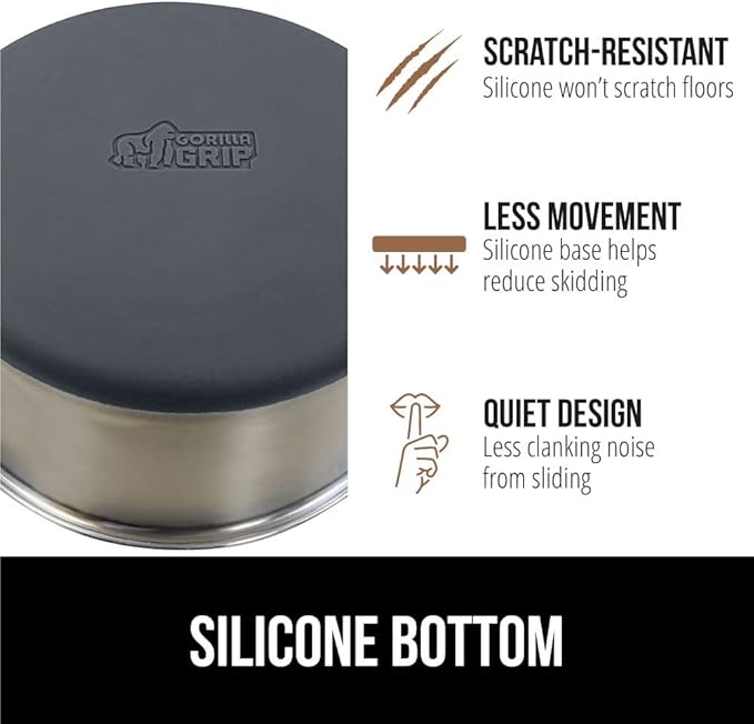 GORILLA GRIP Stainless Steel Metal Dog Bowl, Rubber Base, Heavy Duty Feeding Dish, Food Grade BPA Free, Less Sliding on Floors, Quiet Pet Bowl for Cats and Dogs, Holds 6 Cups (48 fl oz), Gray