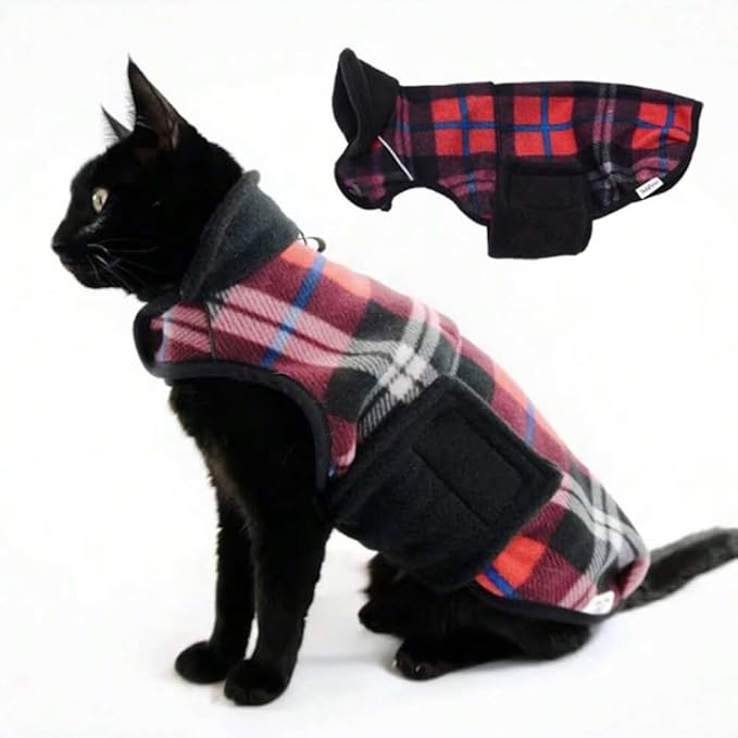 Sphynx Cat Windproof Turtleneck Jacket, Cat Puppy Warm Fleece Hoodie Fall and Winter,Easy to Wear Cat Coat with Velcro,Neck and Chest Adjustable Sweater (S (2-3.5lbs)