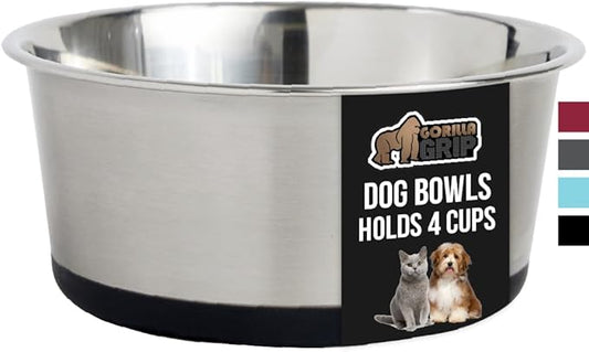 GORILLA GRIP Stainless Steel Metal Dog Bowl, Rubber Base, Heavy Duty Feeding Dish, Food Grade BPA Free, Less Sliding on Floors, Quiet Pet Bowl for Cats and Dogs, Holds 4 Cups (32 fl oz), Black