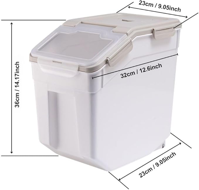 2 Pack Rice Storage Container 25 lbs, Airtight Flour Storage Containers with Lid and Wheels, Measuring Cup & Scoop, BPA Free, Bulk Food Dispenser for Sugar, Grain, Cereal - Pet Food Bin (Grey)