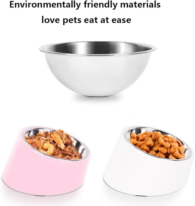 15° Tilted Elevated Dog Bowl in White, Anti-Choke Non-Spill Stainless Steel Pet Bowl, Detachable 2-in-1 Easy Access Feeder for Medium Dogs and Cats (Size M)