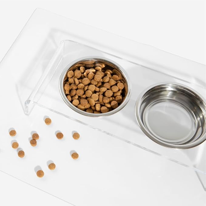 Hiddin Double Elevated Dog Bowl Stand for Small or Medium Dogs, All Breeds, Clear Acrylic 3.5 Inch Raised Dog Bowl Stand with Two Stainless Steel Bowls for Food and Water - 1.5 Cups Each Dish