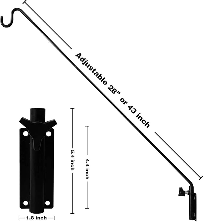 Heavy Duty Extended Reach Wall Mounted Deck Hook Wall Pole, Wall Bracket Direction and Length Adjustable Plant Bracket for Bird Feeders, Planters, Suet Baskets, Lanterns, Wind Chimes and More,Black