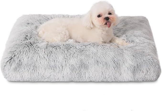Bedfolks Waterproof Crate Bed, Plush Dog & Cat Bed with Removable Washable Cover, Faux Fur Kennel Pad, 21"x13", Grey