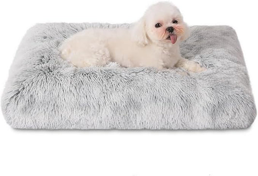 Bedfolks Waterproof Crate Bed, Plush Dog & Cat Bed with Removable Washable Cover, Faux Fur Kennel Pad, 21"x13", Grey