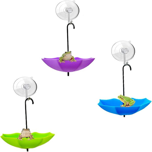 3 Pack Amphibian Aquatic Frogs Habitats, Tree Frog Terrarium Accessories, Plastic Umbrella Decorations with Suction Cups for Terrarium, Tree Frog, Toad, Tadpole