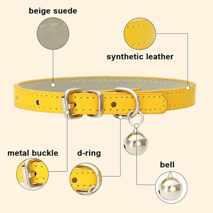 Gold XS Dog Collar with Bell, Soft Pu Leather Cat Collars Adjustable Buckle for XXS Extra Small Medium Tiny Female Male Boys Girls Pets Puppy Kitten Teacup Yorkie X-Small