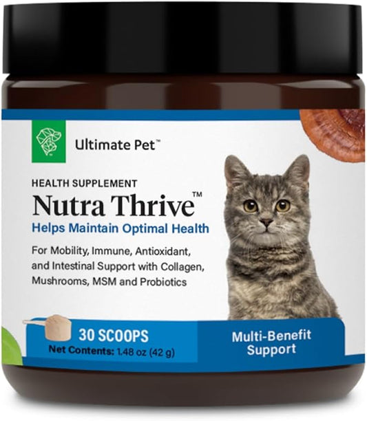 Ultimate Pet Nutrition Nutra Thrive™ Cat Supplement, Vet-Developed Powder for Mobility, Immune Support, Antioxidants & Digestion with Probiotics, Collagen, & Superfoods, 30 Servings