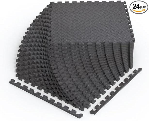 Norsk Foam Floor Gym Mats with Interlocking Tiles, .47" Thick, 24"x24", 24-Pack, 96 Square Feet, Diamond Plate Design, Grey