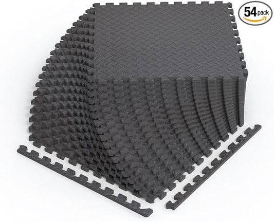 Norsk Foam Floor Gym Mats with Interlocking Tiles, .47" Thick, 24"x24", 54-Pack, 216 Square Feet, Diamond Plate Design, Grey