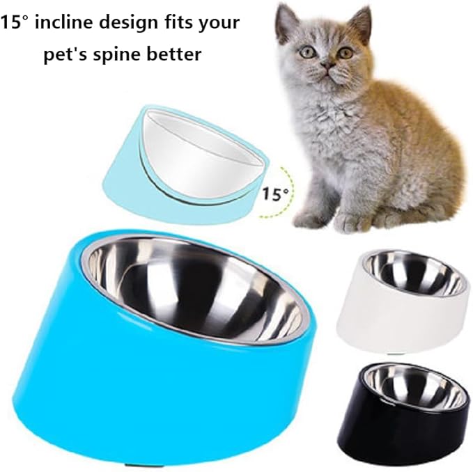15° Tilted Elevated Dog Bowl, Non-Slip No-Spill Stainless Steel Pet Feeder, Detachable 2-in-1 Easy Access Food & Water Dish for Medium Dogs and Cats, Anti-Choke, Black (Size M)