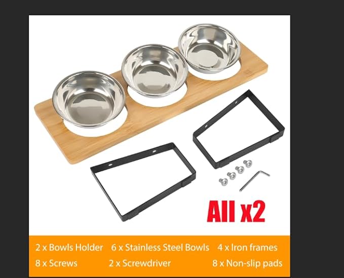 2 Set Elevated Cat Food Water Bowls, 6 Stainless Steel Bowls, 15° Tilted Raised Cat Bowl Set, for Indoor Cats for Small Cats and Puppies Pet Bowls with Stand