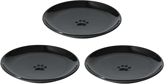 6.1'' Ceramic Wide Cat Dishes, Set of 3 Ceramic Cat Bowls, Indoor Kitten Feeding Wet & Dry Shallow Food Dish Anti Whisker Fatigue(3 Pcs, Black)