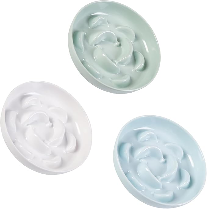 Melamine Slow Feeder Cat Bowls - Set of 3 Cat Food Dishes - Fun Maze Design for Slow Feeding - Dishwasher Safe - White, Blue, Green