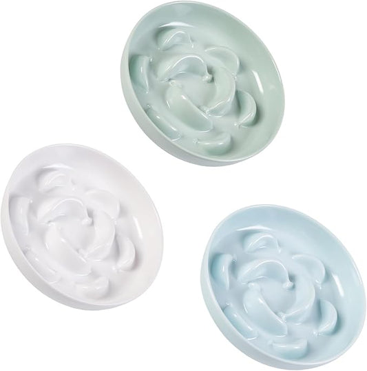 Melamine Slow Feeder Cat Bowls - Set of 3 Cat Food Dishes - Fun Maze Design for Slow Feeding - Dishwasher Safe - White, Blue, Green