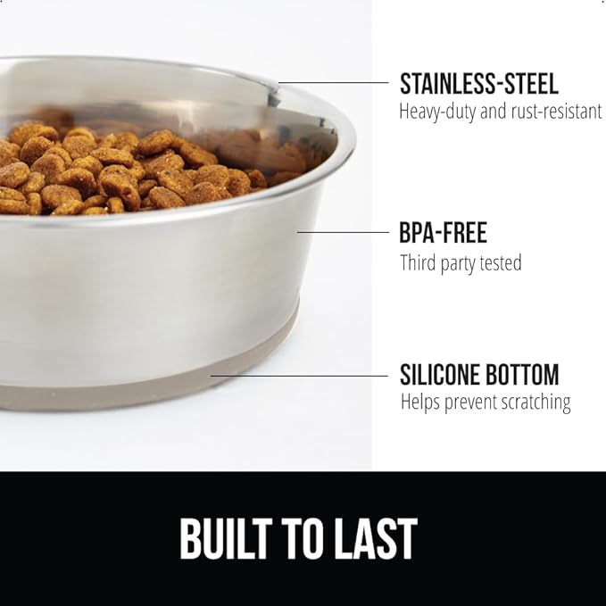 GORILLA GRIP Stainless Steel Metal Dog Bowl, Rubber Base, Heavy Duty Feeding Dish, Food Grade BPA Free, Less Sliding on Floors, Quiet Pet Bowl for Cats and Dogs, Holds 4 Cups (32 fl oz), Black