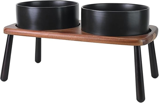SPUNKYJUNKY Ceramic Elevated Dog Bowls Raised with Acacia Bamboo Wooden Stand, 8.3'' Dog Food Water Bowls Set Non-Slip for Medium Large Sized Breed Microwave Dishwasher Safe - 60 OZ,Black