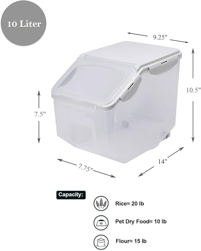 HANAMYA 10 Liter / 20 lbs Rice Storage Container with Measuring Cup, BPA free, For Rice | Grain | Pet Food | Flour, 1 count, Clear