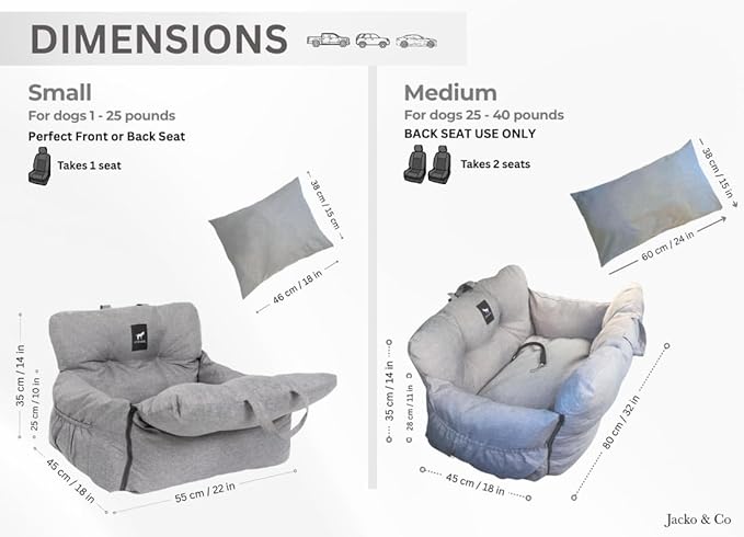 JACKO & CO - Premium Dog Car Seat v2 Booster Seat for Small & Medium Pets Under 40lbs - Machine Washable w Removable Covers, Water Resistant w Clip-On Leash for Back Seat Use (Grey/Medium (25-40lbs)