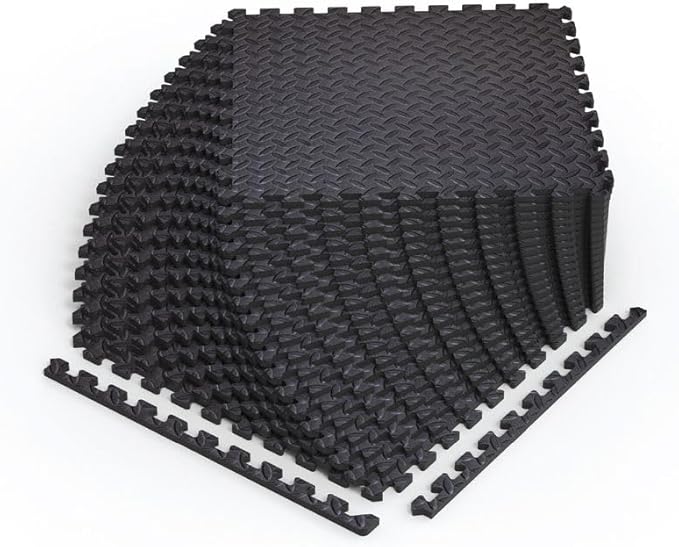 Norsk Foam Floor Gym Mats with Interlocking Tiles, .47" Thick, 24"x24", 18-Pack, 72 Square Feet, Diamond Plate Design, Black