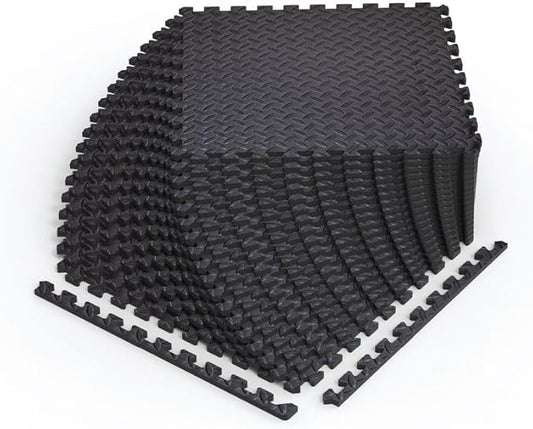 Norsk Foam Floor Gym Mats with Interlocking Tiles, .47" Thick, 24"x24", 48-Pack, 192 Square Feet, Diamond Plate Design, Black