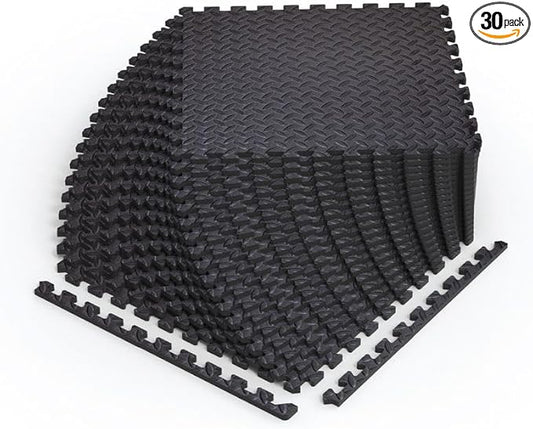 Norsk Foam Floor Gym Mats with Interlocking Tiles, .47" Thick, 24"x24", 30-Pack, 120 Square Feet, Diamond Plate Design, Black