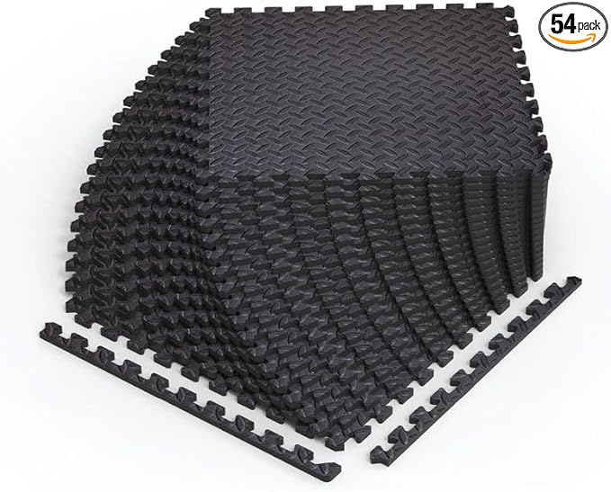 Norsk Foam Floor Gym Mats with Interlocking Tiles, .47" Thick, 24"x24", 54-Pack, 216 Square Feet, Diamond Plate Design, Black