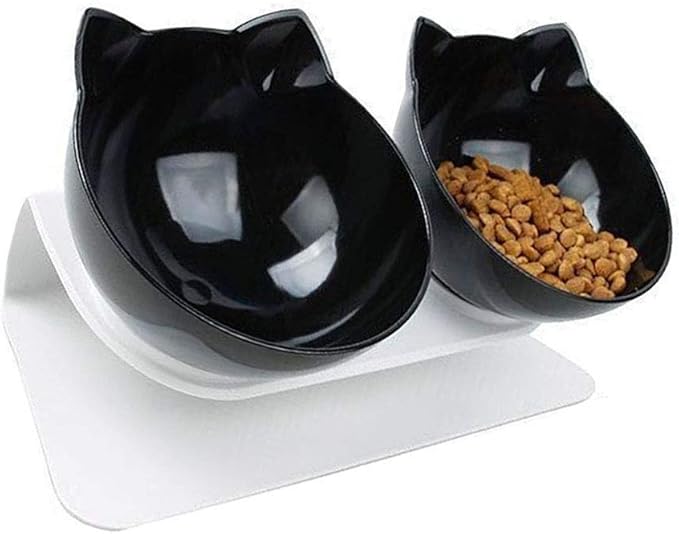 Luck Dawn Double Elevated Cat Bowls with Raised Stand, 15 Tilted cat Bowl Design Neck Guard Stand Raised Pet Food Water Feeder Bowl for Cats or Small Dogs