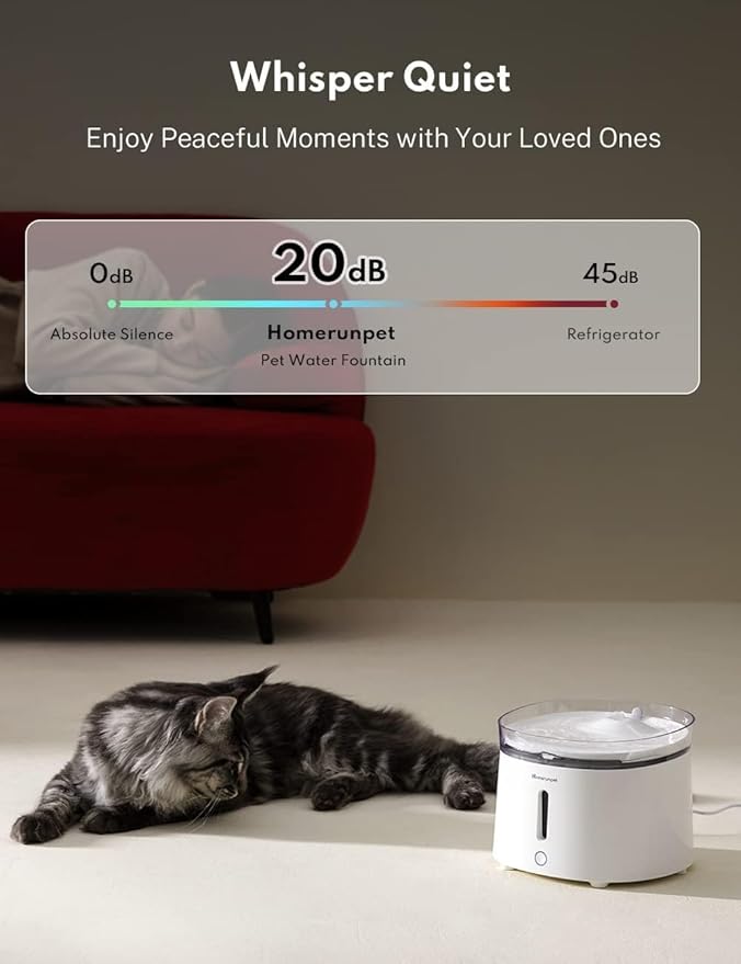 HomeRunPet Silent Cat Water Fountain, 68 oz/2L, Pet Fountain Wireless Pump, Dog Water Dispenser, Dual Mode, Quick Assembly & Easy-Clean, Filters Included