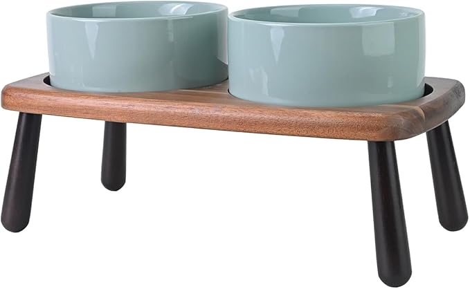 SPUNKYJUNKY Ceramic Elevated Dog Bowls Raised with Acacia Bamboo Wooden Stand, 6.1'' Dog Cat Food Water Bowls Set Non-Slip for Small Medium Sized Breed Microwave Dishwasher Safe - 28.7 OZ,Light Green