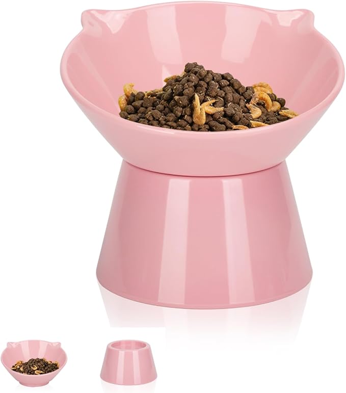 Detachable Elevated Cat Bowls, 15° Tilted Raised Cat Food Bowl Anti-Vomiting,Whisker Friendly, Adjustable Pet Dishes Extra Wide for Protecting Spine, Adult Kitten (Pink