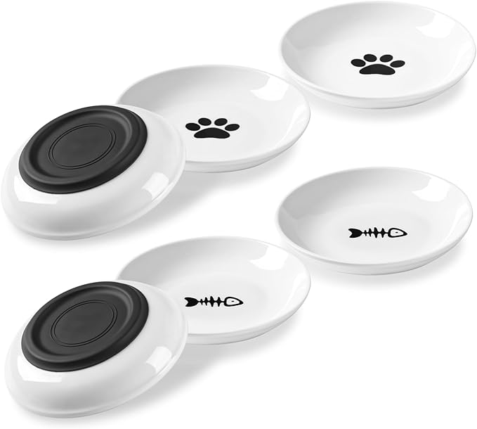Cat Food Bowls, Whisker Friendly Ceramic Cats Bowls with Nonslip Silicone Bottom, Pack of 6 Quiet Dishes and Plates for Feeding Indoor Cats, Kittens and Small Dogs(Fishbone + Cat Paw)