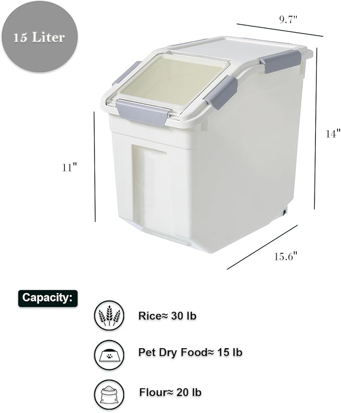 HANAMYA 15 Liter / 30 lbs Rice Storage Container with Measuring Cup, BPA free, For Rice | Grain | Pet Food | Flour, 1 count, White