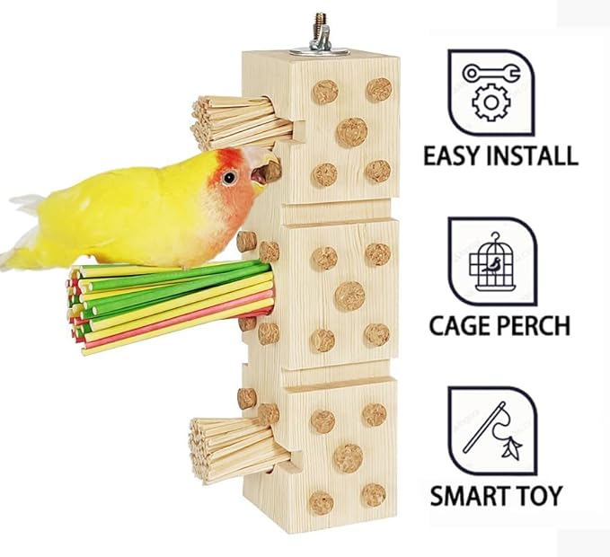 Parrot Toy Cage Perch with Pine Wood Foraging Smart Chewing Toy Soft Corks for Small to Regular Size Parrot Cockatiel Foraging Toy
