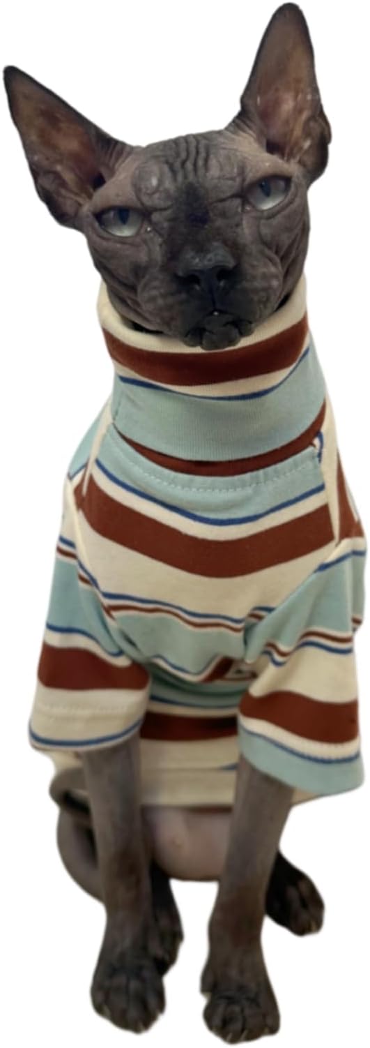 Vintage Stripes Sphynx Hairless Cats Shirt Cotton Cat Turtleneck Pet Clothes Kitten T-Shirts with Sleeves for Sphynx Cornish Rex, Devon Rex, Peterbald (Mint Brown, Medium (Pack of 1))