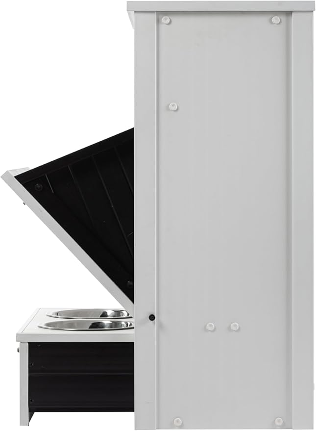 New Age Pet ECOFLEX Dog Food Pantry and Feeding Station - Antique White, Includes 2X 32oz Stainless Steel Bowls, Moisture Resistant, Easy Assembly, Holds 25 lbs of Dog Food