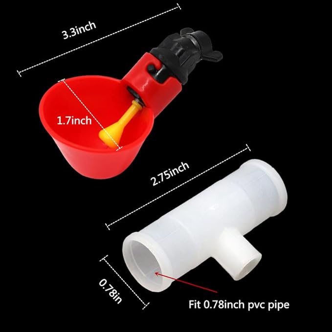 10 Pieces Automatic Poultry Drinking Cups, Chicken Water Feeder Chicken Waterer Drinking Cups and 10 Pieces Chicken Waterer PVC Tee Fittings for Chicken Quail Pigeon Duck