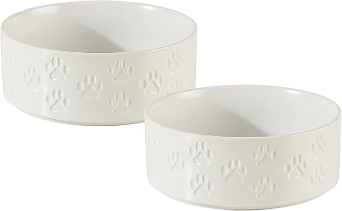 Ceramic Dog Bowl Set, 8.3" Food and Water Bowls with Anti-Slip Rings for Large Breed Dogs, 7.5 Cup Pet Dishes for Large-Sized Dogs, Dishwasher Safe (Double Bowls - White, 8 inch)