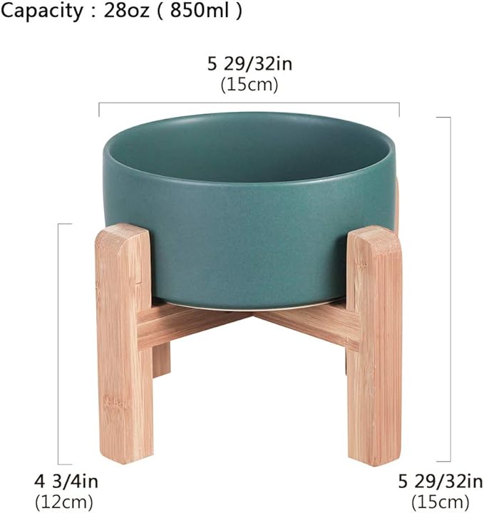 Green Ceramic Elevated Raised Cat Bowl with Wood Stand No Spill Pet Food Water Feeder Cats Small Dogs