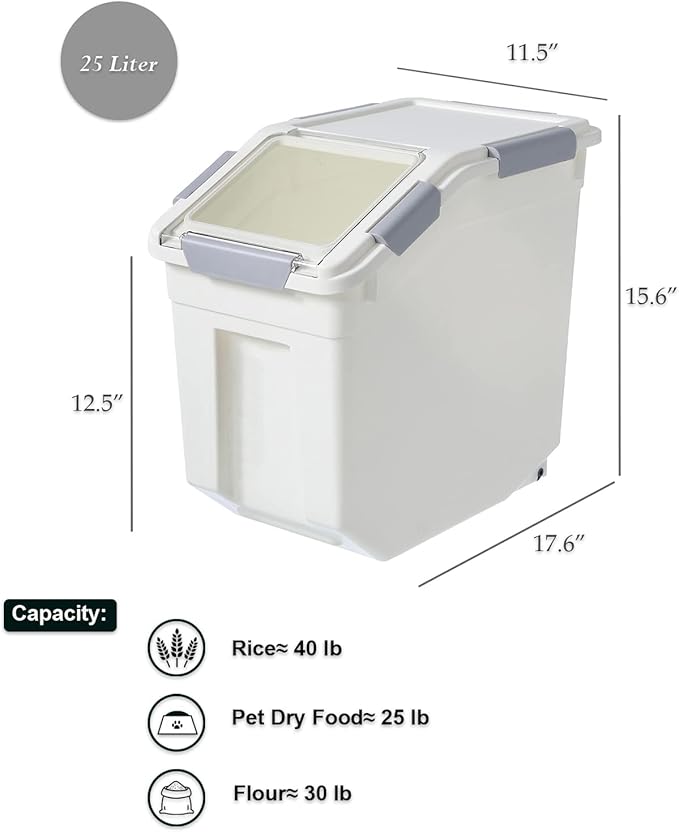 HANAMYA 25 Liter / 40 lbs Rice Storage Container with Measuring Cup, BPA free, For Rice | Grain | Pet Food | Flour, 2 count, White