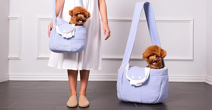 Pet Sling Carrier for Small Dogs ANG cat 3-8 lbs, Breathable Cotton Dog or Cats Purse Carrier with Storage Pocket,for mom Gifts,Hand Free Travel Chest Cat Sling Light Blue (Blue)