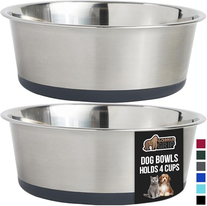 GORILLA GRIP Set of 2 Dog Bowls, Holds 4 Cups (32 fl oz), Heavy Duty Metal Food and Water Bowl for Feeding Dogs and Cats, Dishwasher Safe, Rust Resistant Stainless Steel, BPA Free Rubber Base, Gray