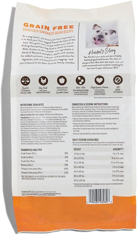 Whole Paws, Grain-Free Dry Dog Food, Chicken & Garbanzo Bean Recipe, Enhanced with Fiber & Prebiotics, 4 lb