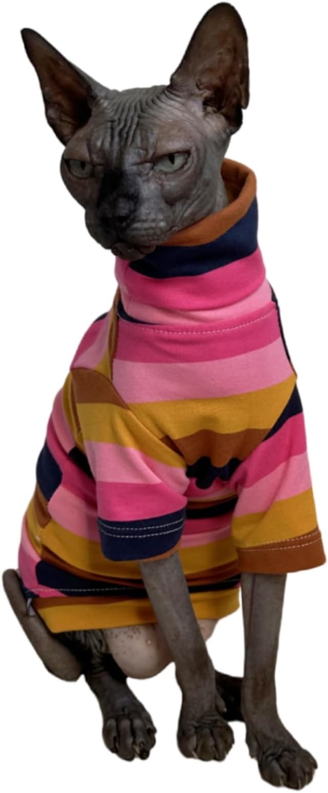 Vintage Stripes Sphynx Hairless Cats Shirt Cotton Cat Turtleneck Pet Clothes Kitten T-Shirts with Sleeves for Sphynx Cornish Rex, Devon Rex, Peterbald (Moning Glory, Small (Pack of 1))
