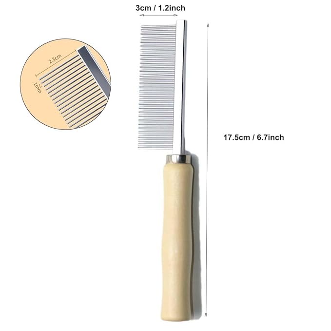 Pet Comb for Dog Cat Rabbit Grooming, Dog Stainless Steel Combs with Wooden Handle, Small Cat Flea Lice Comb for Removes Mats, Tangles and Loose Fur