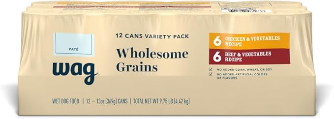 Amazon Brand - Wag Wholesome Grains Canned Wet Dog Food, Variety Pack (Chicken & Vegetables Paté and Beef & Vegetables Paté), Adult Recipe, 13 Ounce (Pack of 12)