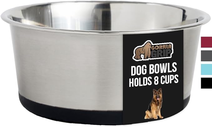 GORILLA GRIP Stainless Steel Metal Dog Bowl, Rubber Base, Heavy Duty Feeding Dish, Food Grade BPA Free, Less Sliding on Floors, Quiet Pet Bowl for Cats and Dogs, Holds 8 Cups (64 fl oz), Black
