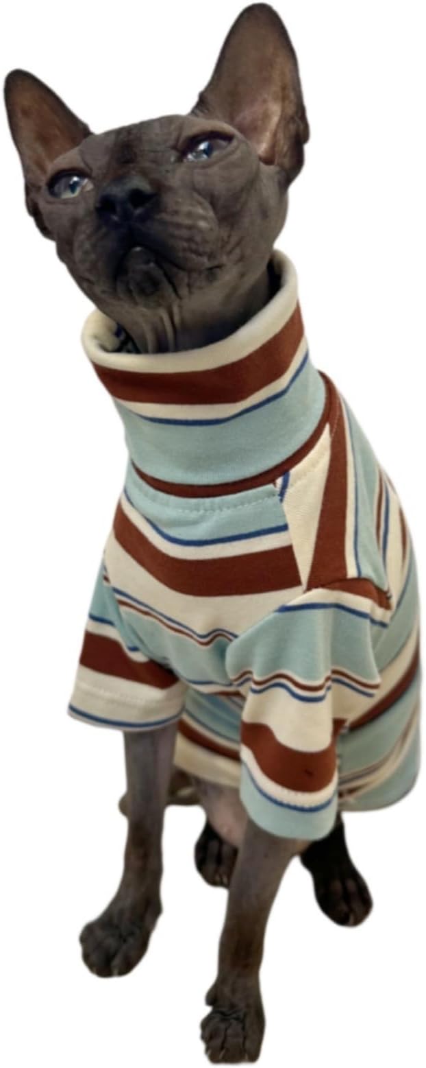 Vintage Stripes Sphynx Hairless Cats Shirt Cotton Cat Turtleneck Pet Clothes Kitten T-Shirts with Sleeves for Sphynx Cornish Rex, Devon Rex, Peterbald (Mint Brown, XX-Large (Pack of 1))